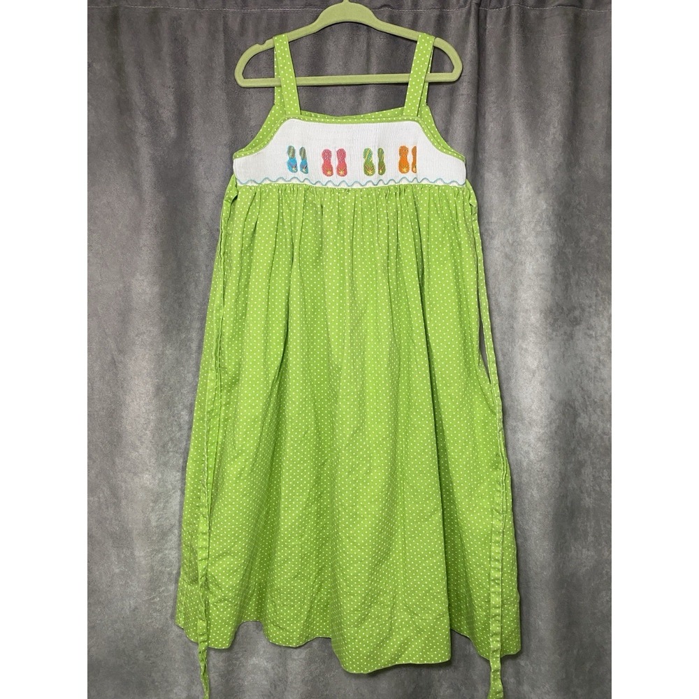 Velani Classics Girls Sz 6X Green Polka Dot Smocked Flip Flop Sundress Cotton